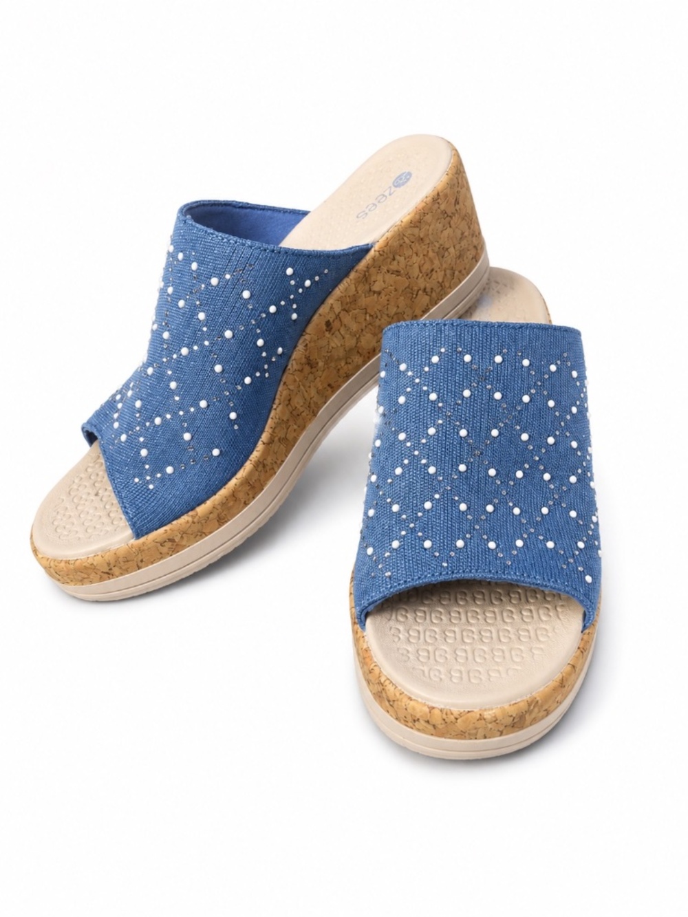 Bzees Blue Embellished Cork-Style Wedge Slide Sandals Size 6.5M